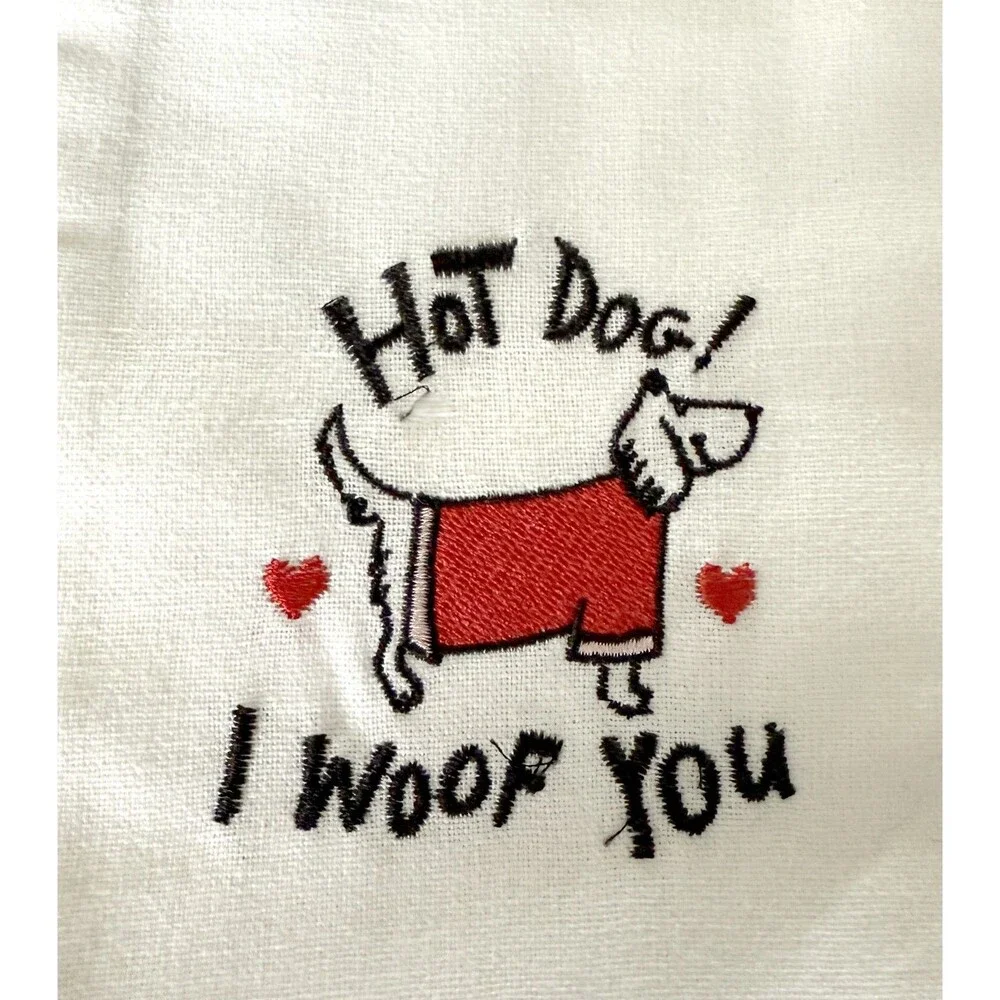 Kitchen Dish Towel Hot Dog I Woof You Valentines White 100% Cotton Embroidered